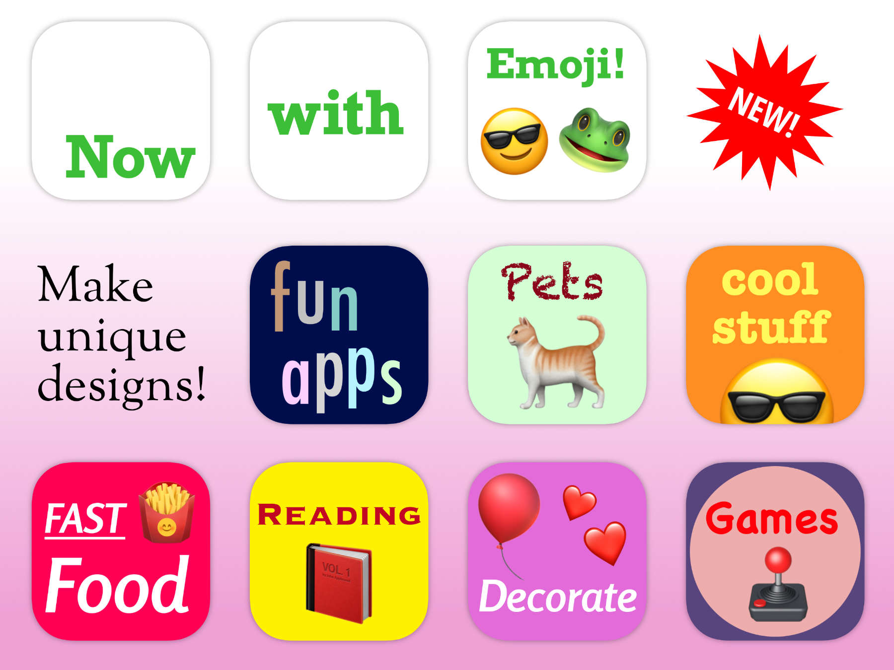 Sample custom icon labels with emoji generated by the Mister Icon app