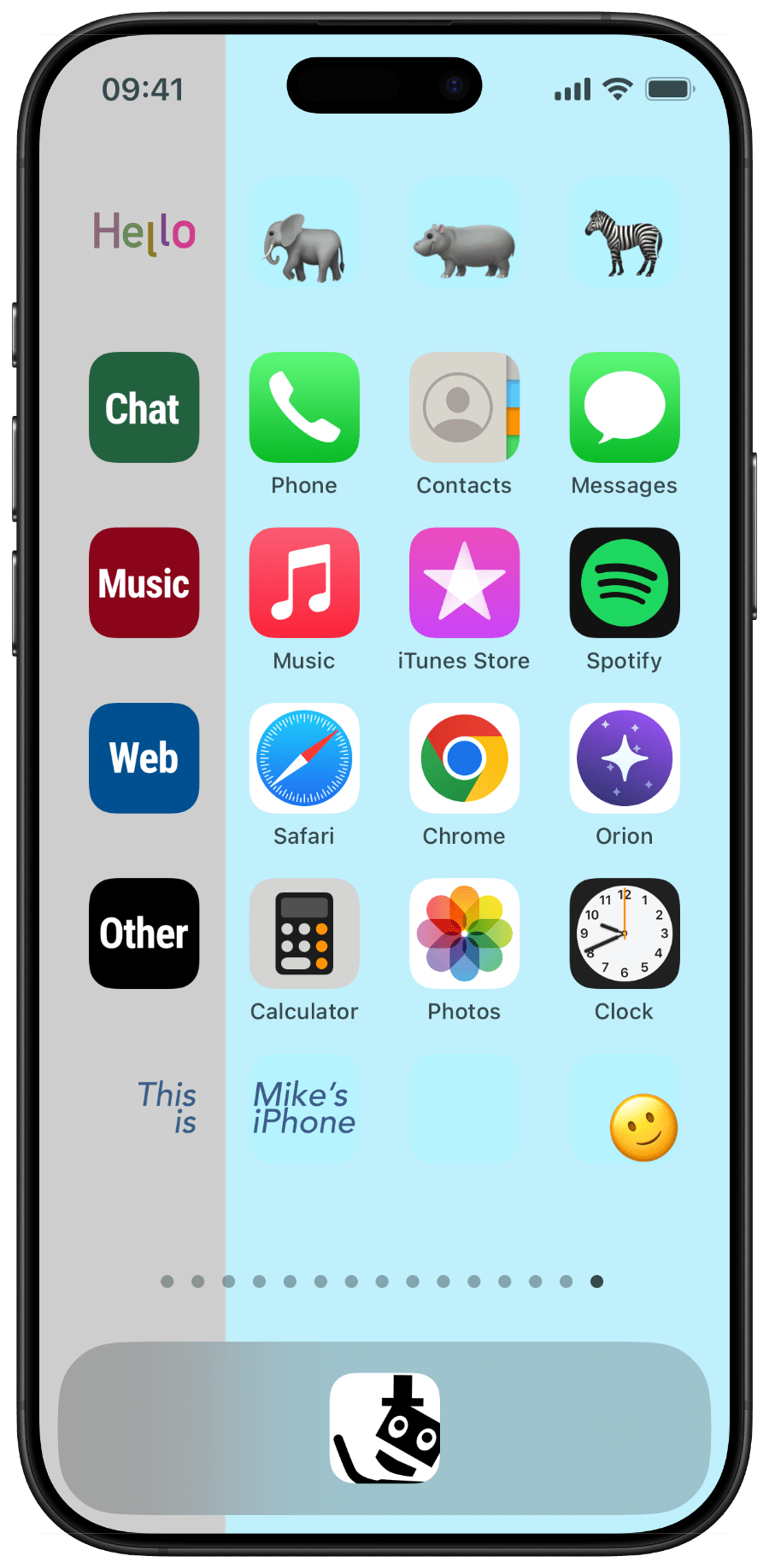 Text label icons, animal emoji icons and custom text icons on an iPhone home screen with a left-stripe wallpaper, all generated by the Mister Icon app