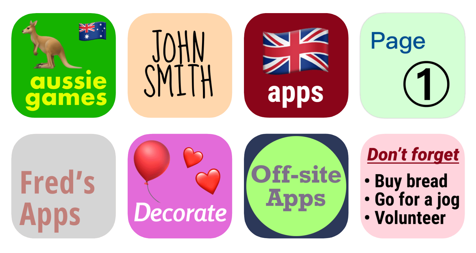 8 sample custom icon labels from the Mister Icon app, demonstrating a range of custom home screen icon possibilities