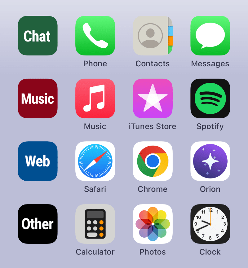 Sample Chat, Music, Web and Other Mister Icons installed on a home screen to help distinguish between those different categories of apps